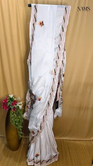 Off White Bangalore Silk Floral Saree - Nams Design Exclusive