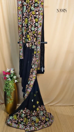 Stunning Black Georgette Floral Saree – Elegant & Unique