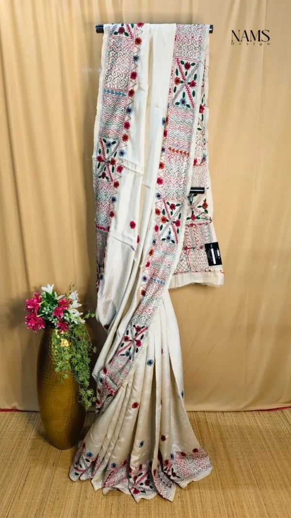 Exquisite Off White Bangalore Silk Gujarati Work Saree