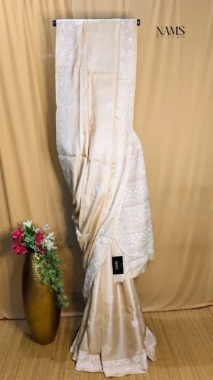 Exquisite Beige Tussar Gujarati Work Saree – Elegance Redefined