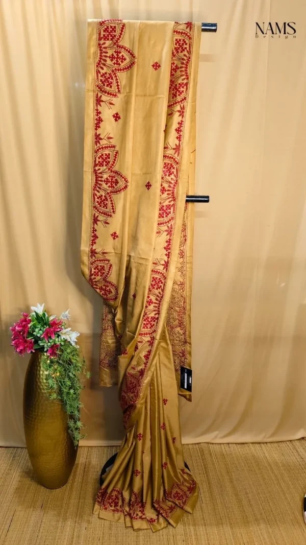 Exquisite Beige Bangalore Silk Gujarati Work Saree with Striking Red Embroidery