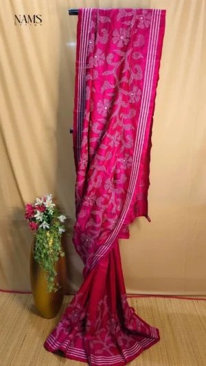 Hot Pink Bangalore Silk Kantha Saree – Exquisite Elegant Handloom