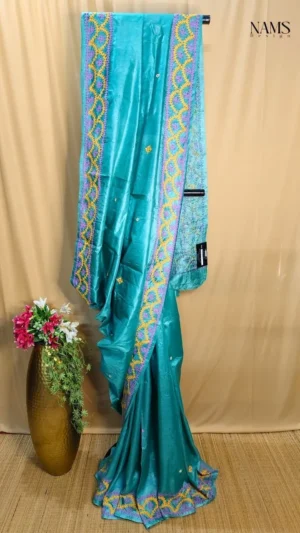 Teal Blue Tussar Gujarati Work Saree - Exquisite Elegance