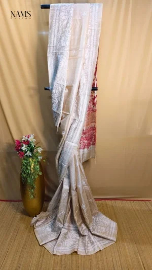 Exquisite Off White Tussar Sunflower Kantha Saree – Elegant