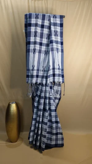 Exquisite Navy Blue Cotton Check Saree - Elegant Handloom