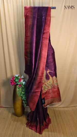 Maroon Tussar Kantha Saree – Exquisite Handloom Elegance