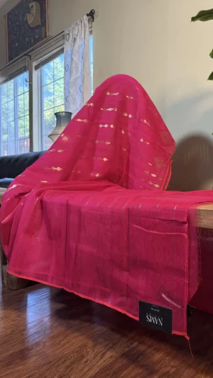 Red Jamdani Saree with Handwoven Floral Motifs in Cotton Weave