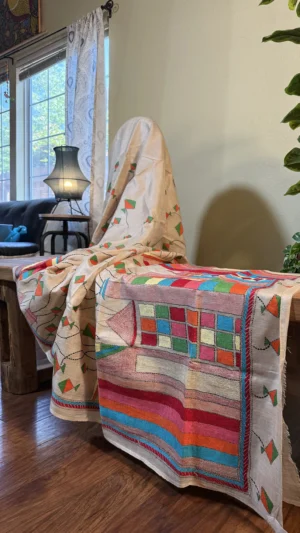 Cream with Kite Nakshi Kantha stitch work on Tussar saree