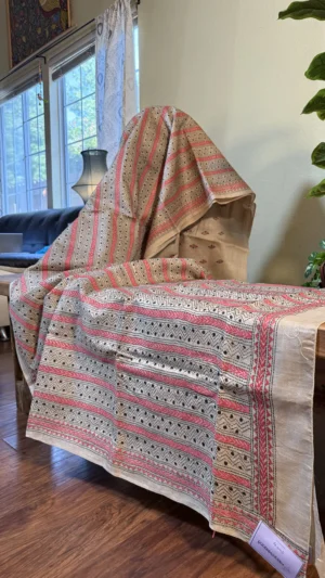Biscuit n Red kantha stitch work on tussar silk saree