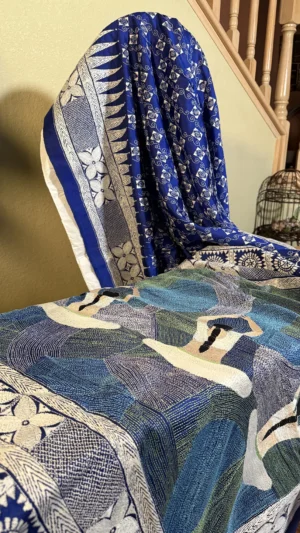 Royal blue kantha stitch work on Bishnupuri katan silk saree