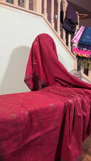 Maroon Linen Zari Saree - Exquisite Handcrafted Organic Saree with Subtle Zari Accents