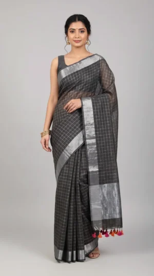 Pista Green Linen Zari Check Saree – Exquisite Timeless Elegance