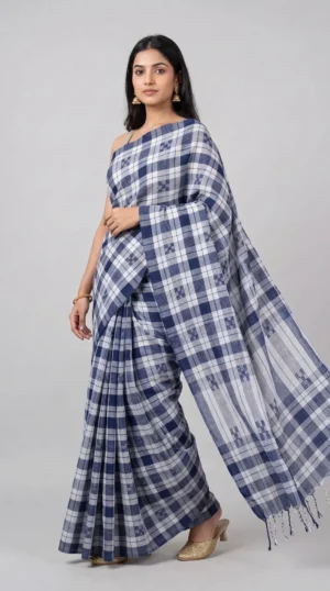 Exquisite Navy Blue Cotton Check Saree