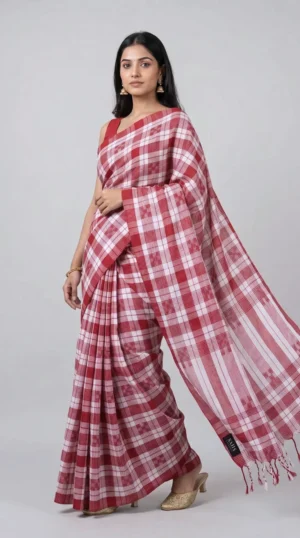 Exquisite Red White Check Cotton Saree