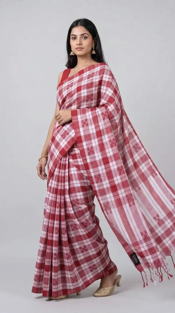 Exquisite Red White Check Cotton Saree