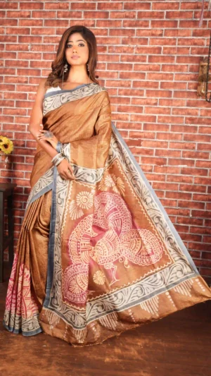 Earthy Brown Pure Tussar Silk Saree with Batik and Kantha Detailing