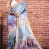 Serene Blue Pure Tussar Silk Saree with Katha Embroidery on Batik Print | 2025