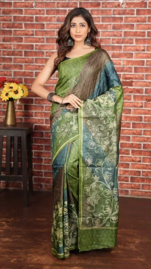 Radiant Green and Blue Pure Tussar Silk Saree with Kantha Embroidery