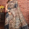 Charcoal Grey Pure Tussar Silk Saree with Abstract Kantha Motifs