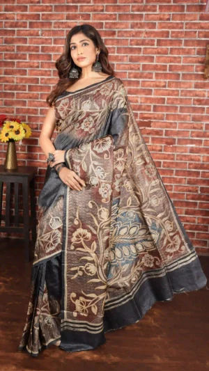 Charcoal Grey Pure Tussar Silk Saree with Abstract Kantha Motifs