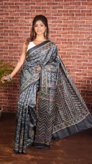 Deep Black Tussar Silk Saree with Sashiko inspired Kantha Work | 2025