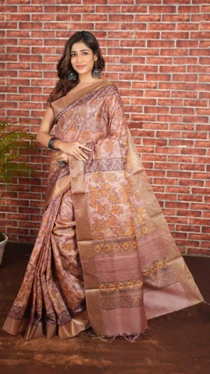 Dusty Rose Pure Tussar Silk Saree with Bagru Block Print and Gold Zari Border | 2025 Nams Design Exclusive