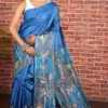 Ocean Blue Pure Tussar Silk Saree with Abstract Kantha Motifs | 2025