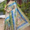 Serene Fusion Hand-Painted Tussar Silk Saree with Katha Embroidery and Sequins