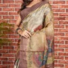 Artistic Hand-Painted Pure Tussar Silk Saree with Checked Zari