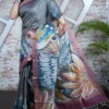 Charcoal Grey Pure Tussar Silk Saree with Hand-Painted Abstract Motifs and Checkered Zari | 2025 Nams Design Exclusive