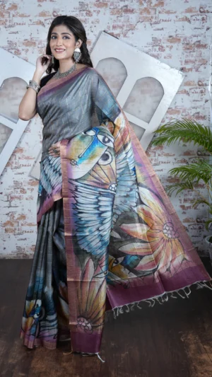 Charcoal Grey Pure Tussar Silk Saree with Hand-Painted Abstract Motifs and Checkered Zari | 2025 Nams Design Exclusive