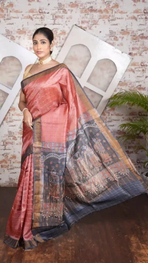 Bright Coral Pink Pure Tussar Silk Saree with Hand-Painted Folk Art and Zari Weave | 2025