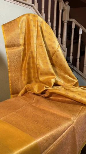 Golden yellow color Minakari work on Munga Tussar Saree