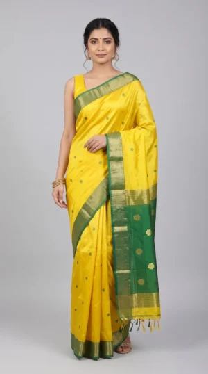 Golden Yellow Maheswari Zari Saree – Elegant Handloom Beauty