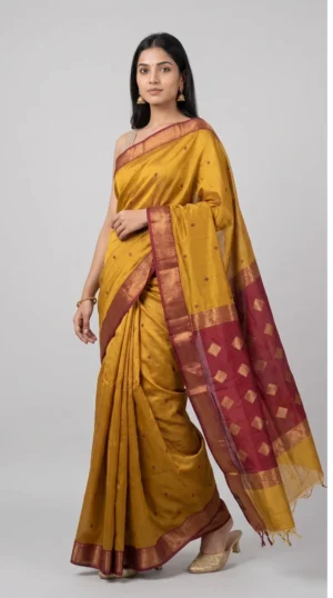 Exquisite Mustard Yellow Maheswari Zari Saree – Elegant & Unique