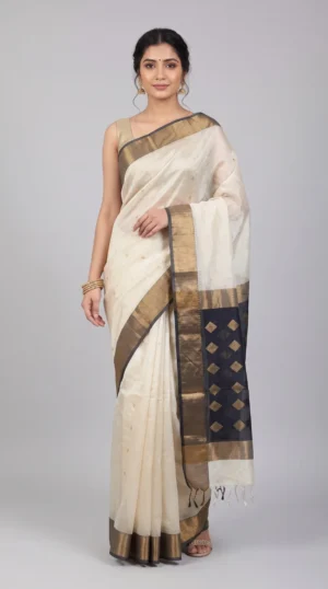 Exquisite Off White Maheswari Zari Saree – Timeless Elegance