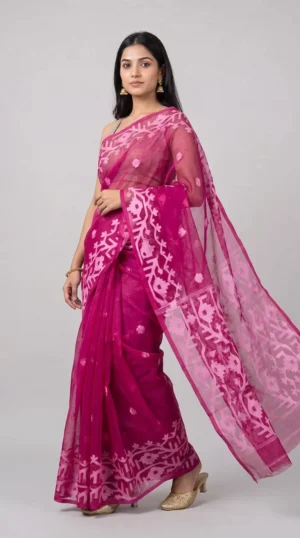 Hot Pink Mulbari Silk Jamdani Saree: Exquisite Handwoven Beauty