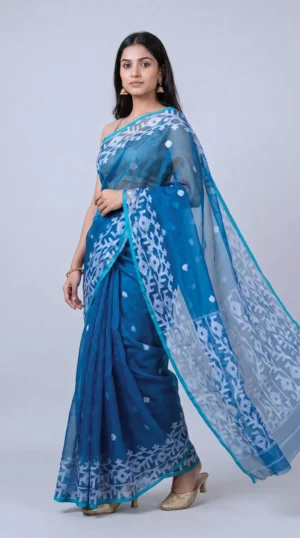 Turquoise Blue Mulberry Silk Jamdani Saree – Exquisite Elegance