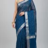 Royal Blue Linen Saree with Zari Check