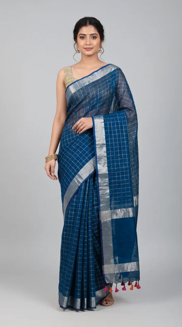 Royal Blue Linen Saree with Zari Check