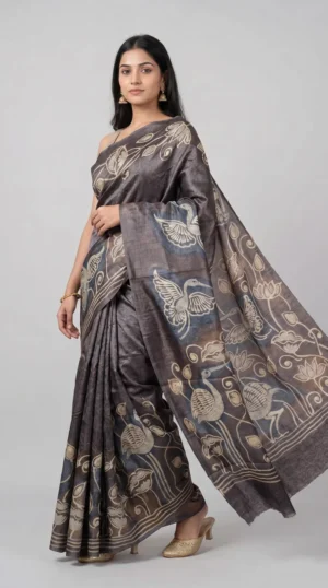 Radiant Grey Pure Tussar Abstract Kantha Saree