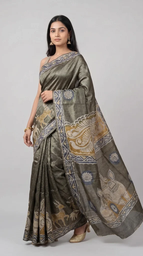 Olive Green Pure Tussar Silk Saree with Batik and Kantha Detailing | 2025 Nams Design Exclusive