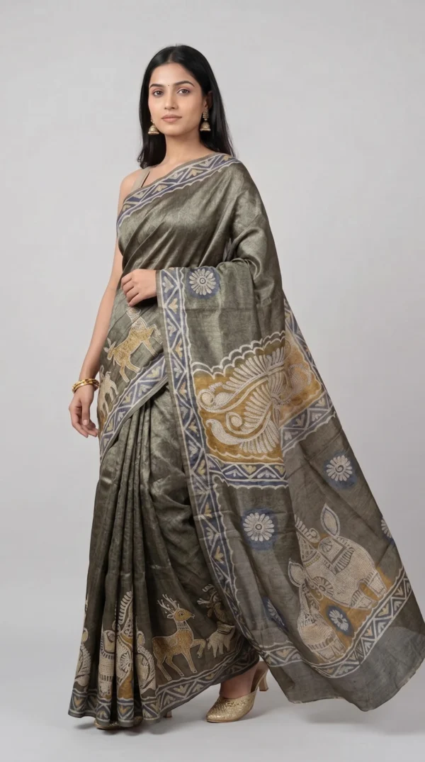 Olive Green Pure Tussar Silk Saree with Batik and Kantha Detailing | 2025 Nams Design Exclusive