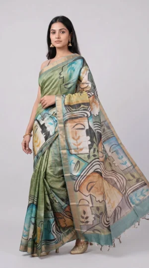 Artistic Green Hand-Painted Pure Tussar Silk Saree | 2025 Nams Design Exclusive