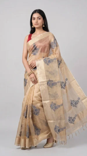 Champagne Gold Kosa Tussar Silk Saree with Blue Floral Embroidery | 2025 Nams Design Exclusive