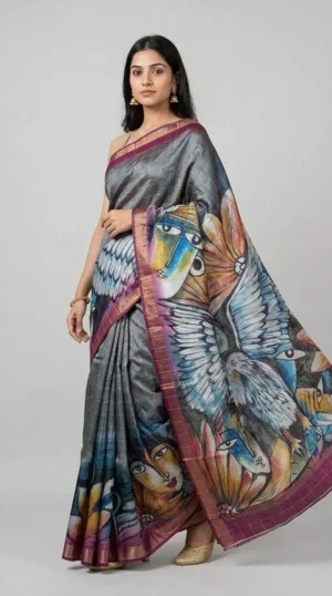 Charcoal Grey Pure Tussar Silk Saree with Hand-Painted Abstract Motifs and Checkered Zari | 2025 Nams Design Exclusive