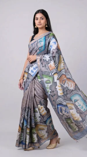 Artistic Grey Hand-Painted Pure Tussar Silk Saree | 2025 Nams Design Exclusive