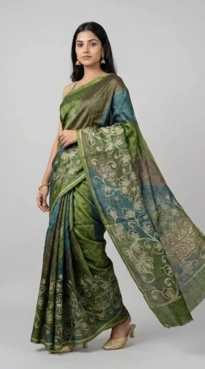 Radiant Green and Blue Pure Tussar Silk Saree with Kantha Embroidery | 2025