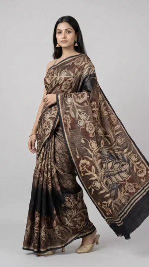 Charcoal Grey Pure Tussar Silk Saree with Abstract Kantha Motifs | 2025 Nams Design Exclusive