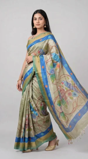 Serene Fusion Hand-Painted Tussar Silk Saree with Katha Embroidery and Sequins